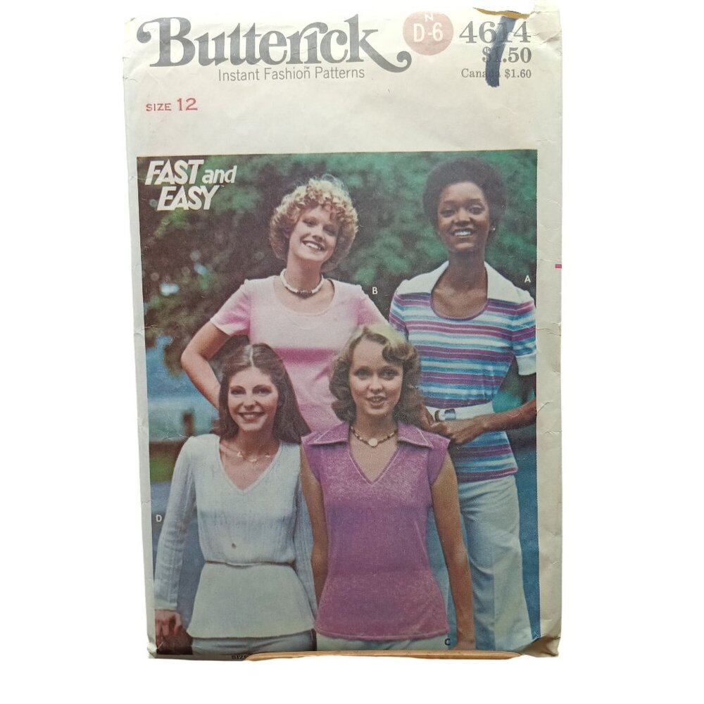 Butterick D-6 4614 Vintage Sewing Pattern Womens Tops Size 12 Fast & Easy 1970s